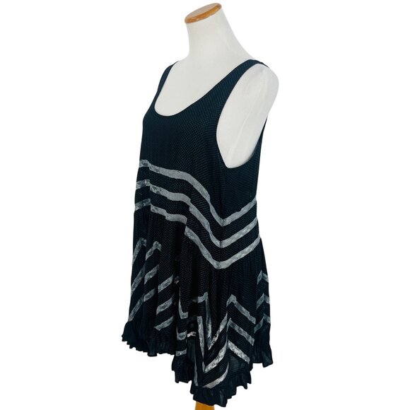 Free People Black Gray Tiered Ruffle Hem Voile & Lace Tiny Dots Mini Dress Tunic - Picture 6 of 16